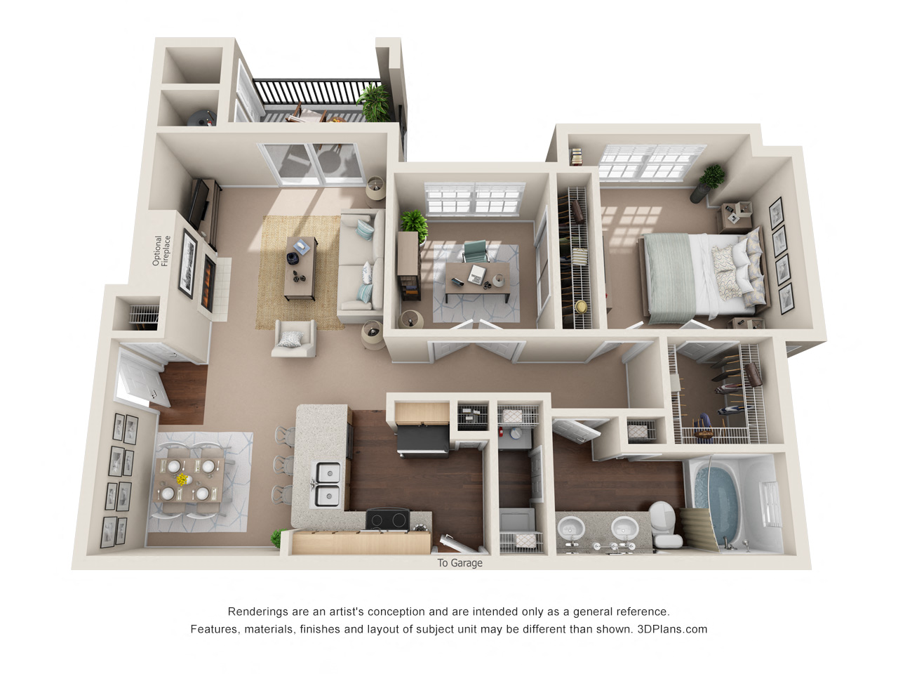 Floor plan for 2 beds, 1 bath, 956 sqft